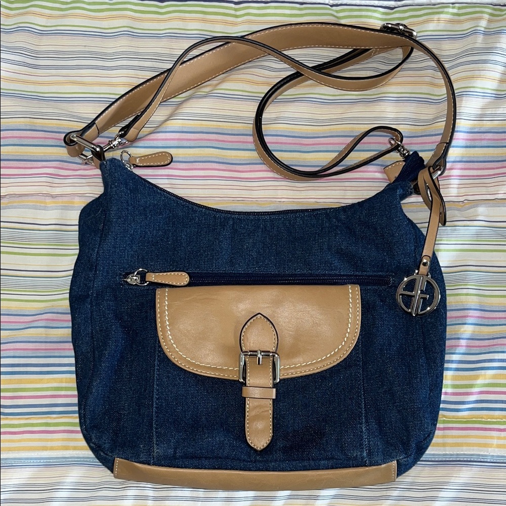 Gianni Bernini‎ Darkwashed Denim and Tan Faux Leather Crossbody Shoulder Bag